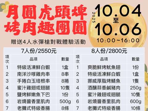 月圓虎頭埤．烤肉趣團圓菜單+4人體驗
